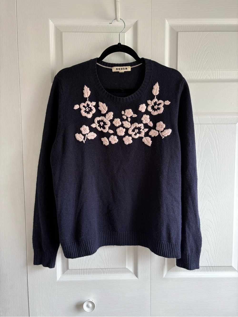 Boden Navy Blue Floral Embroidery Wool Alpaca Blend Sweater Career Academia XL